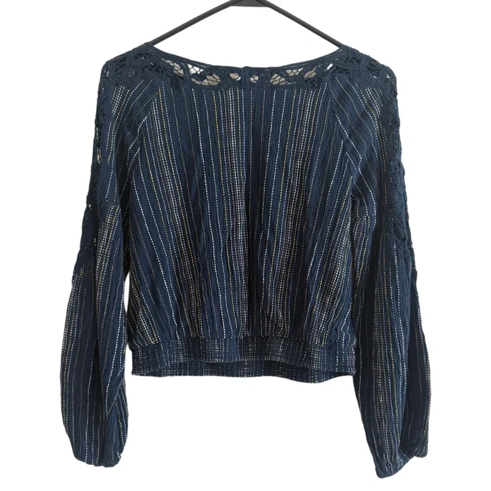 Free People Floating Memories Navy Crochet Cotton Lace Balloon Sleeve Top Small